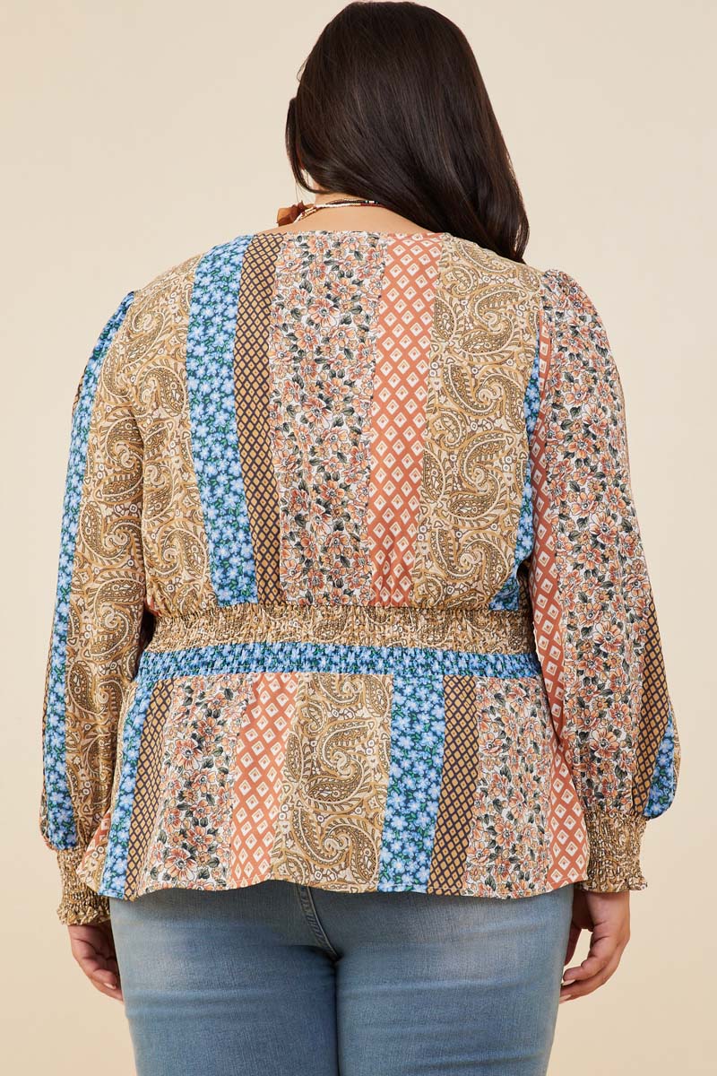 HB0030W Brown Mix Plus Print Blocked Smocked Waist Surplice Top Full Body