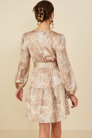 HB0035 Taupe Womens Abstract Print Belted Satin Wrap Dress Detail