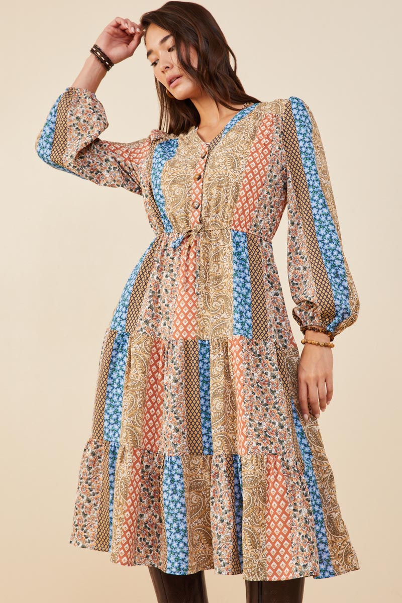 Print Blocked Button Detail Tiered Dress
