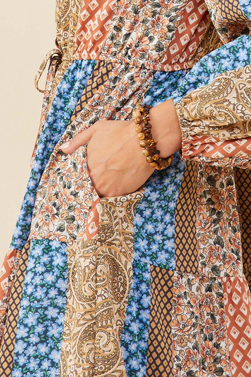 HB0037 Brown Mix Womens Print Blocked Button Detail Tiered Dress Full Body