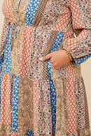 HB0037W Brown Mix Plus Print Blocked Button Detail Tiered Dress Gif