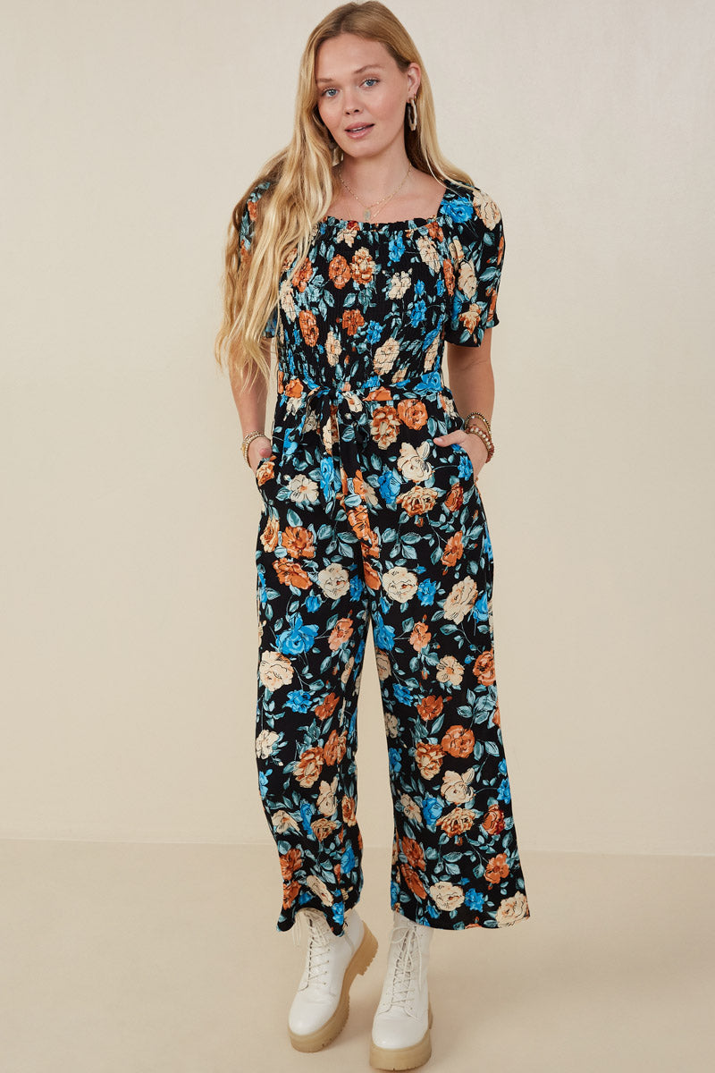 Romantic Floral Self Tie Wide Leg Jumpsuit
