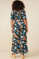 HB0186W Black Plus Romantic Floral Self Tie Wide Leg Jumpsuit Front