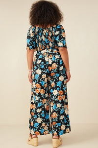 HB0186W Black Plus Romantic Floral Self Tie Wide Leg Jumpsuit Front