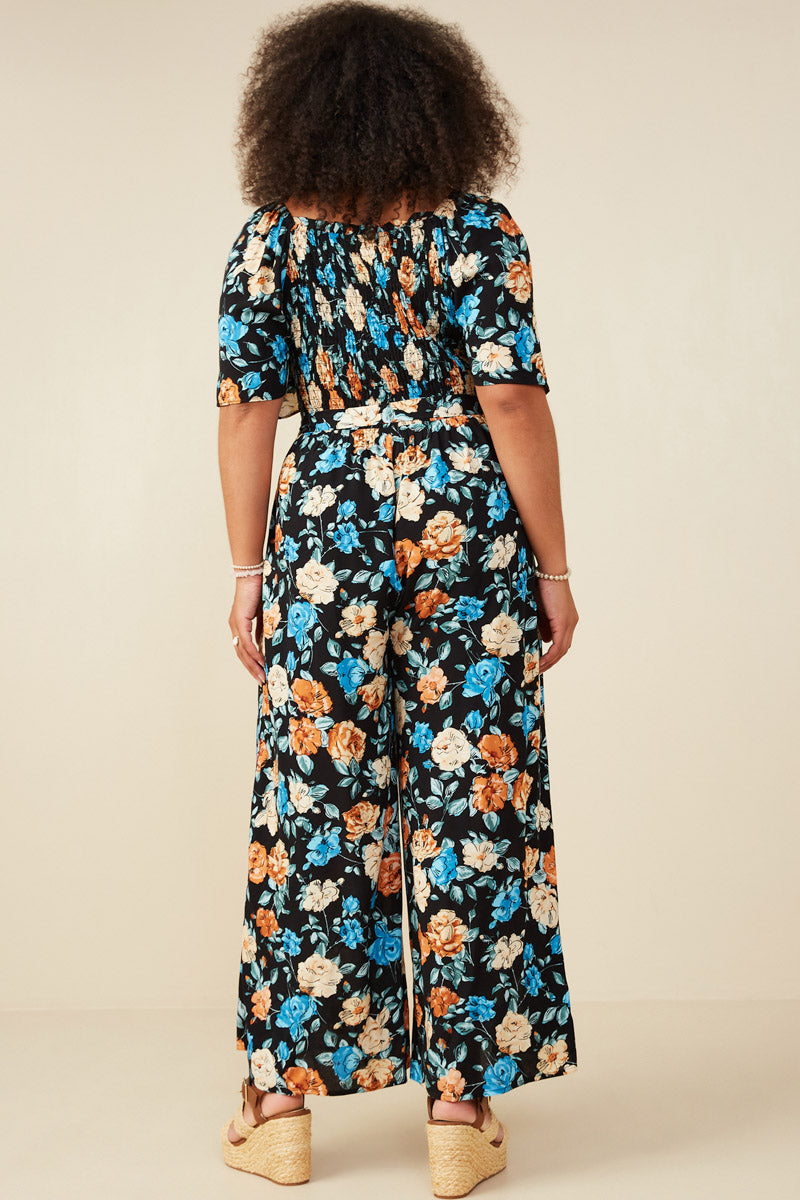 HB0186W Black Plus Romantic Floral Self Tie Wide Leg Jumpsuit Front