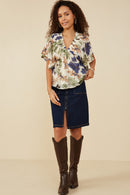 HB0191 Blue Mix Womens Foliage Print Elastic Detail V Neck Top Gif