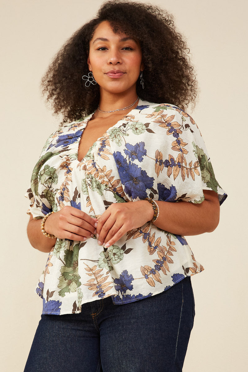 Foliage Print Elastic Detail V Neck Top