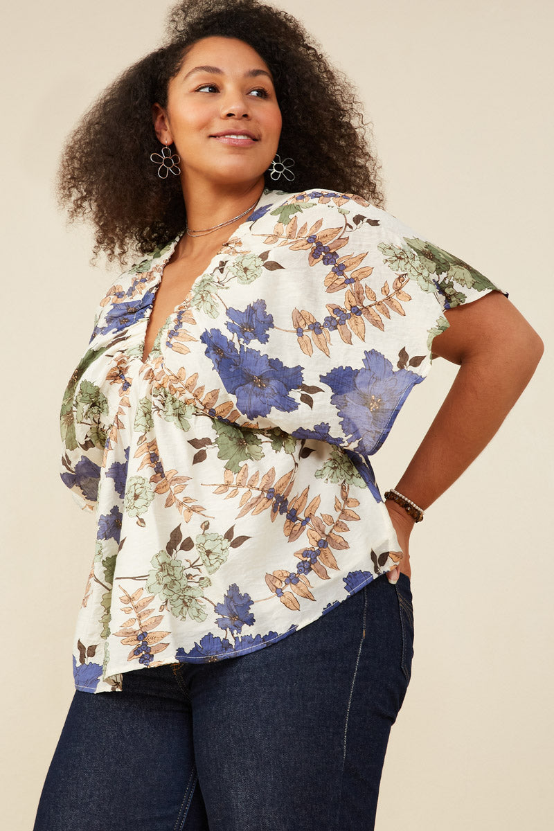 HB0191W Blue Mix Plus Foliage Print Elastic Detail V Neck Top Gif