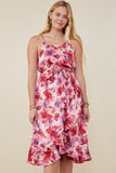 HB0207 Pink Womens Romantic Floral Surplice Belted Satin Dress Full Body