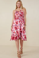 HB0207 Pink Womens Romantic Floral Surplice Belted Satin Dress Gif