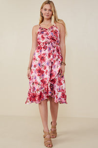 HB0207 Pink Womens Romantic Floral Surplice Belted Satin Dress Gif