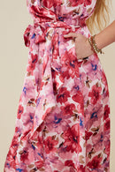 HB0207 Pink Womens Romantic Floral Surplice Belted Satin Dress Front