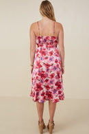 HB0207 Pink Womens Romantic Floral Surplice Belted Satin Dress Detail