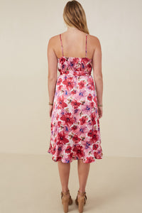 HB0207 Pink Womens Romantic Floral Surplice Belted Satin Dress Detail