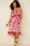 HB0207W Pink Plus Romantic Floral Surplice Belted Satin Dress Full Body