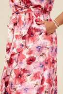 HB0207W Pink Plus Romantic Floral Surplice Belted Satin Dress Gif