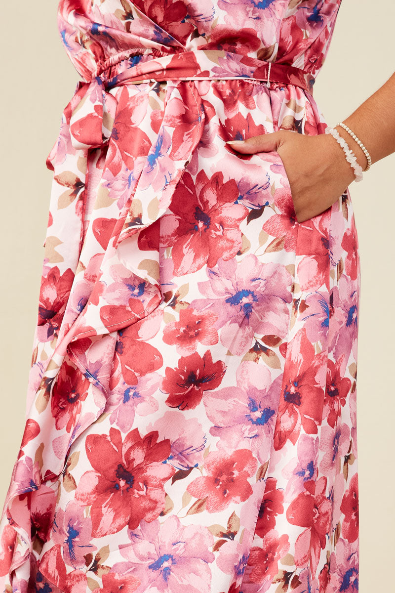 HB0207W Pink Plus Romantic Floral Surplice Belted Satin Dress Gif