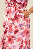 HB0207W Pink Plus Romantic Floral Surplice Belted Satin Dress Gif
