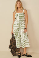 HB0212W Green Mix Plus Shoulder Tie Smocked Geometric Print Dress Pose