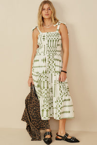 HB0212W Green Mix Plus Shoulder Tie Smocked Geometric Print Dress Pose