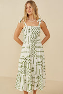 HB0212 Green Mix Womens Shoulder Tie Smocked Geometric Print Dress Gif