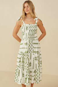 HB0212 Green Mix Womens Shoulder Tie Smocked Geometric Print Dress Gif