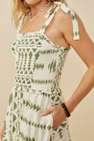 HB0212 Green Mix Womens Shoulder Tie Smocked Geometric Print Dress Front