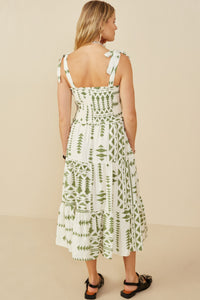 HB0212 Green Mix Womens Shoulder Tie Smocked Geometric Print Dress Detail