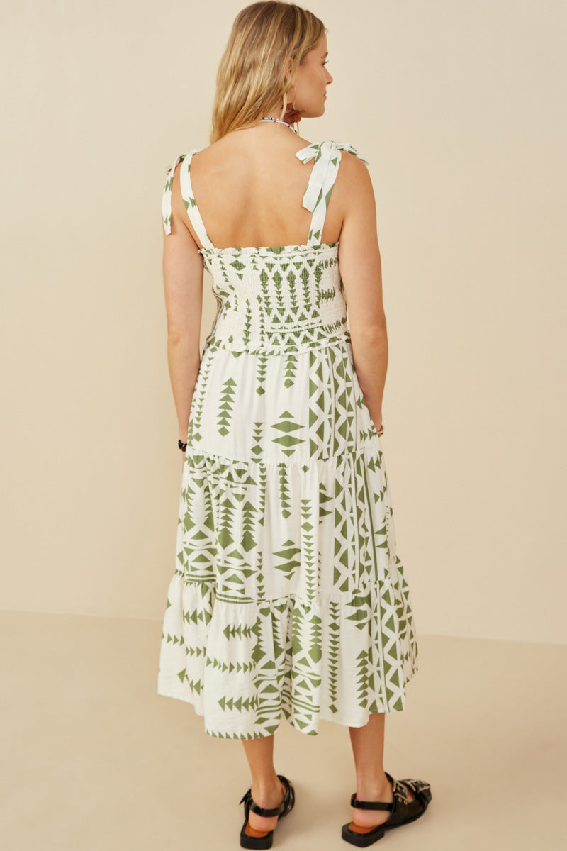 HB0212 Green Mix Womens Shoulder Tie Smocked Geometric Print Dress Detail
