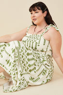 HB0212 Green Mix Womens Shoulder Tie Smocked Geometric Print Dress Full Body