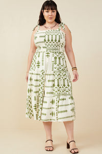 HB0212 Green Mix Womens Shoulder Tie Smocked Geometric Print Dress Back