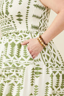 HB0212W Green Mix Plus Shoulder Tie Smocked Geometric Print Dress Gif