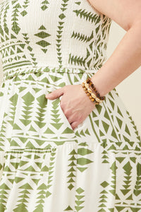 HB0212W Green Mix Plus Shoulder Tie Smocked Geometric Print Dress Gif