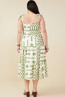 HB0212W Green Mix Plus Shoulder Tie Smocked Geometric Print Dress Full Body