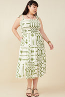 HB0212W Green Mix Plus Shoulder Tie Smocked Geometric Print Dress Detail