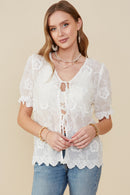 HB0263 Off White Womens Textured Lace Scalloped Sheer Tie Top Front