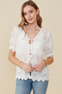 HB0263 Off White Womens Textured Lace Scalloped Sheer Tie Top Front