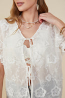 HB0263 Off White Womens Textured Lace Scalloped Sheer Tie Top Gif