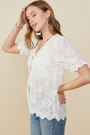 HB0263 Off White Womens Textured Lace Scalloped Sheer Tie Top Detail