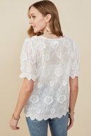 HB0263 Off White Womens Textured Lace Scalloped Sheer Tie Top Side