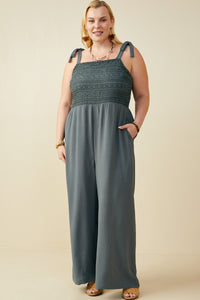 HB0265 Teal Womens Crochet Lace Paneled Wide Leg Jumpsuit Full Body