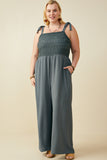 HB0265W Teal Plus Crochet Lace Paneled Wide Leg Jumpsuit Full Body