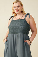 HB0265W Teal Plus Crochet Lace Paneled Wide Leg Jumpsuit Full Body