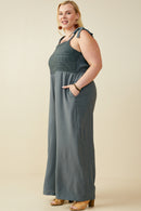 HB0265 Teal Womens Crochet Lace Paneled Wide Leg Jumpsuit Gif