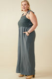 HB0265W Teal Plus Crochet Lace Paneled Wide Leg Jumpsuit Front