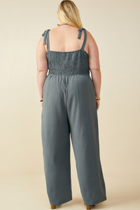 HB0265 Teal Womens Crochet Lace Paneled Wide Leg Jumpsuit Front