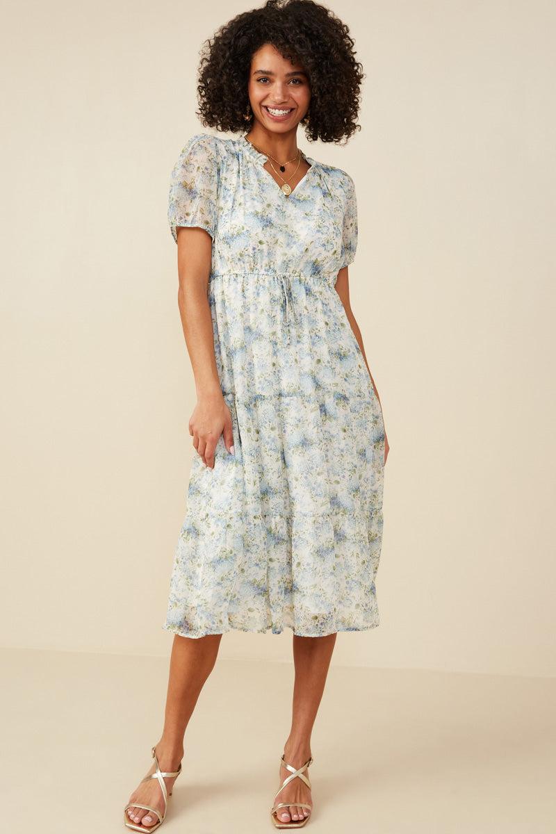 Ditsy Floral Ruffle Collared V Neck Dress