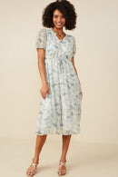 HB0303 Blue Mix Womens Ditsy Floral Ruffle Collared V Neck Dress Full Body