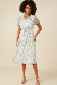 HB0303 Blue Mix Womens Ditsy Floral Ruffle Collared V Neck Dress Gif