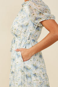 HB0303 Blue Mix Womens Ditsy Floral Ruffle Collared V Neck Dress Front